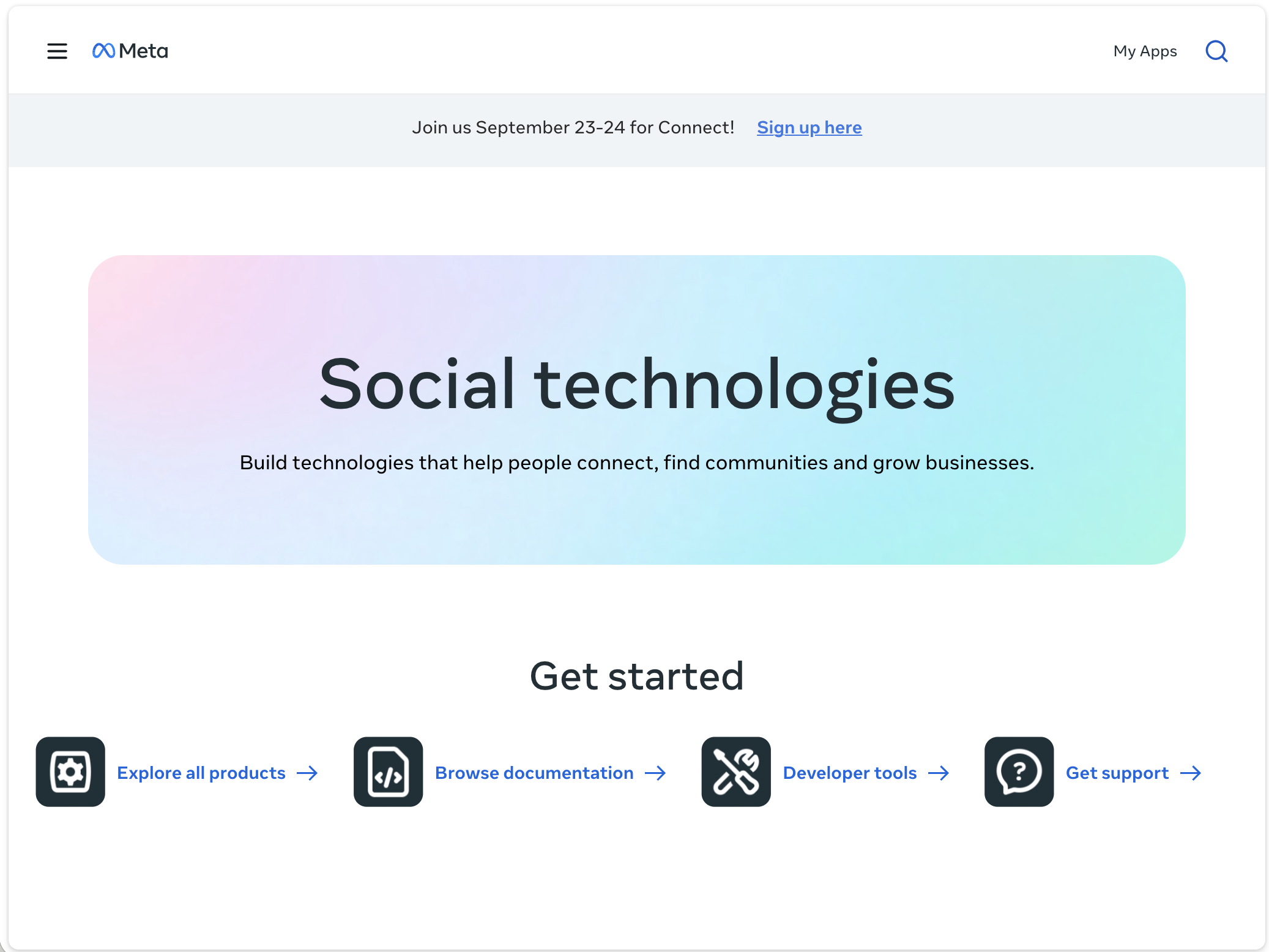 The developers.facebook.com home with the My Apps menu highlighted.