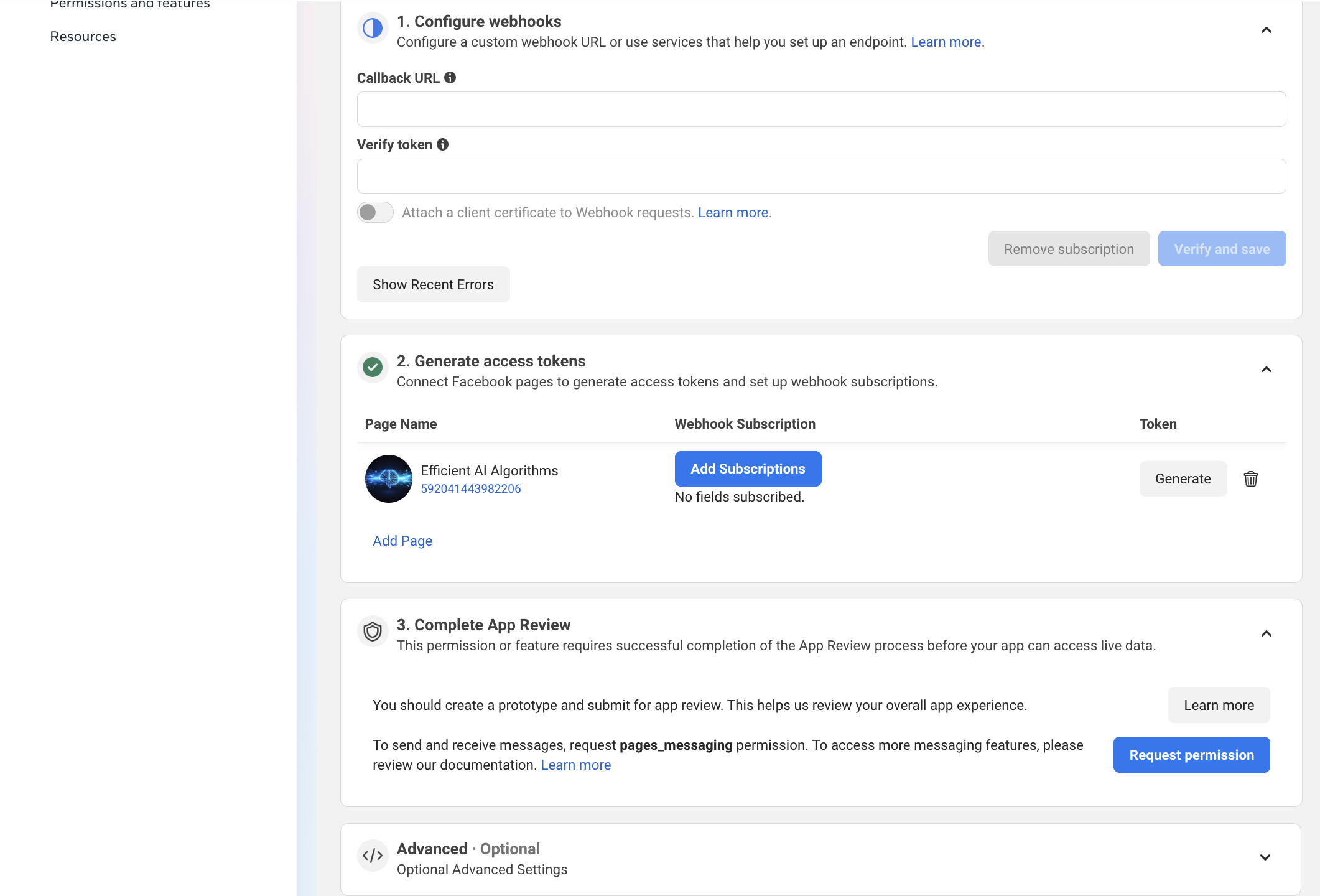 The Generate access tokens section shows your Page connected with a green check.