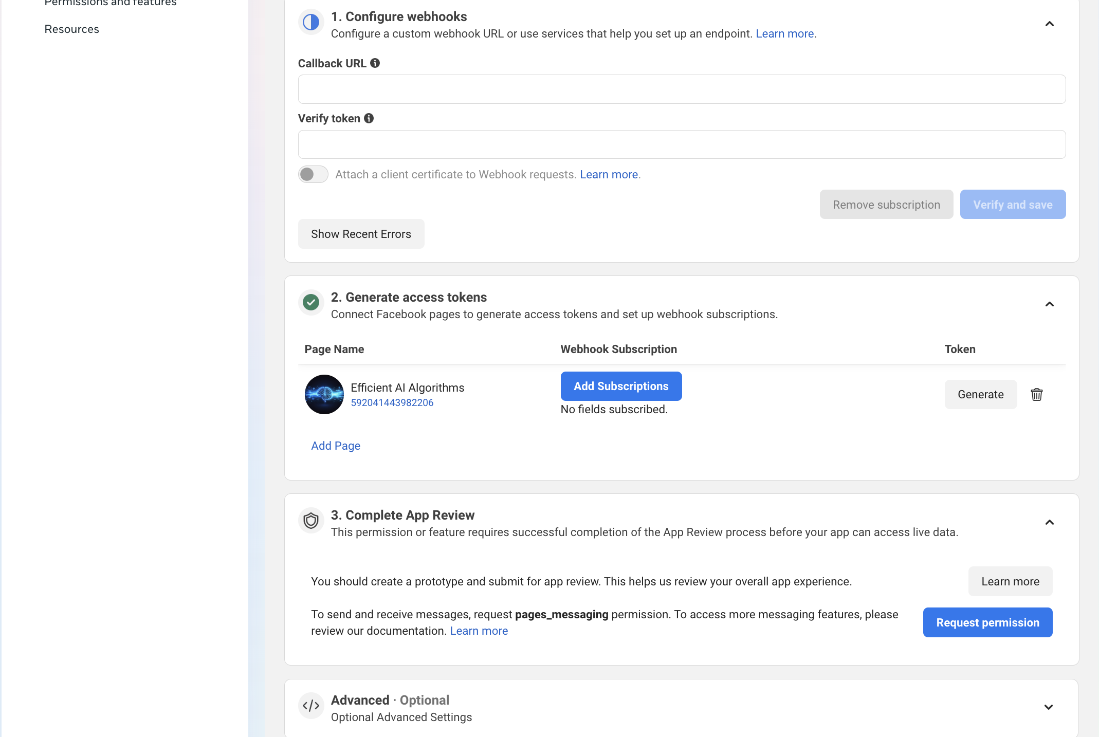 The Webhooks screen in its initial state, with the page still unsubscribed.