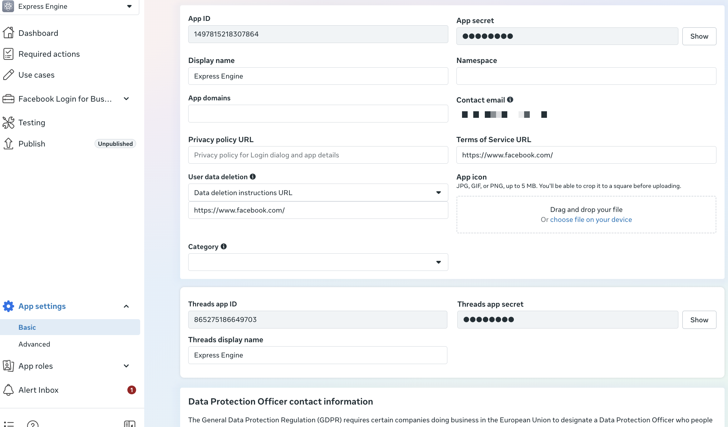 App settings → Basic with the App secret field and the Show button; the secret never visible.