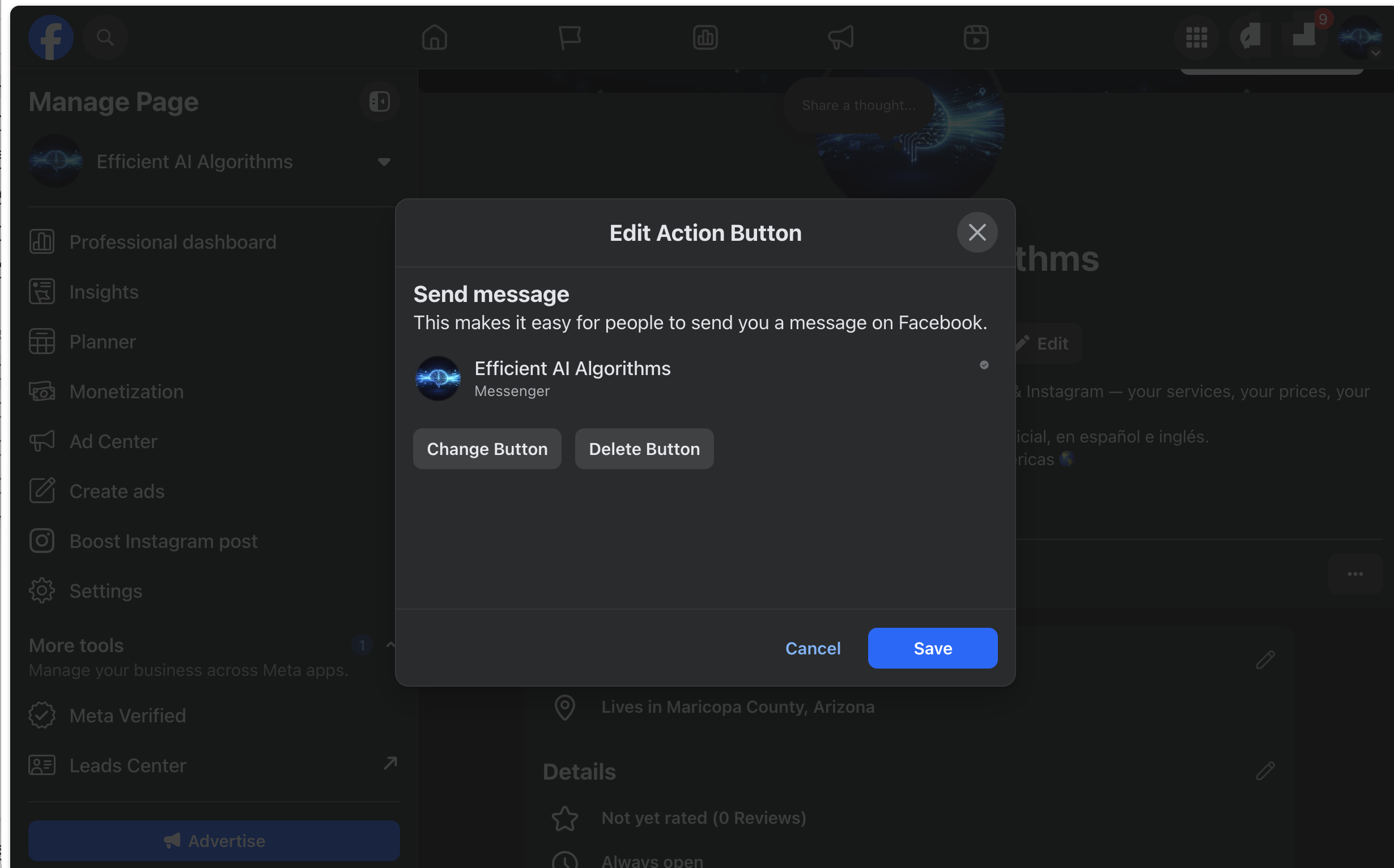 A Facebook Page with the action button under the cover photo, ready to edit.