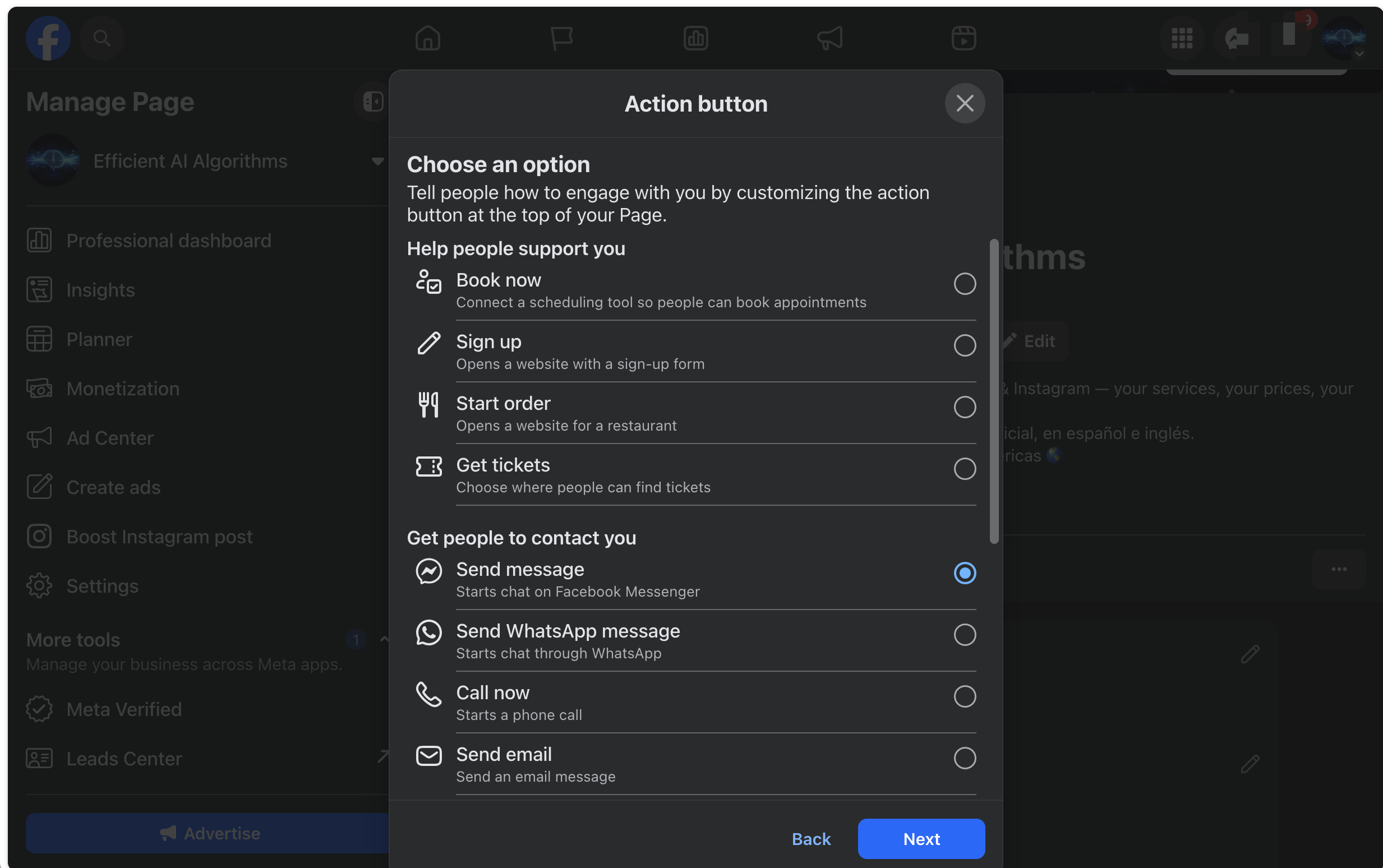 The action-button editor with the 'Send message' (Messenger) option.