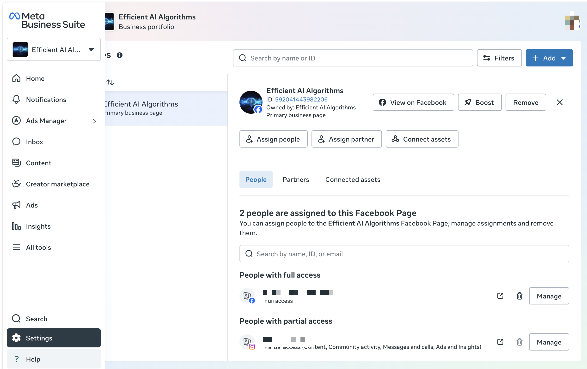 Business Settings → Pages → People, with the 'Full access' label highlighted.