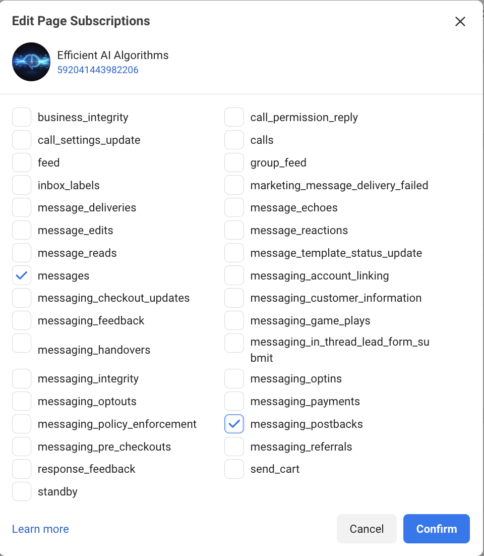 The 'Edit Page Subscriptions' dialog with only messages and messaging_postbacks checked.