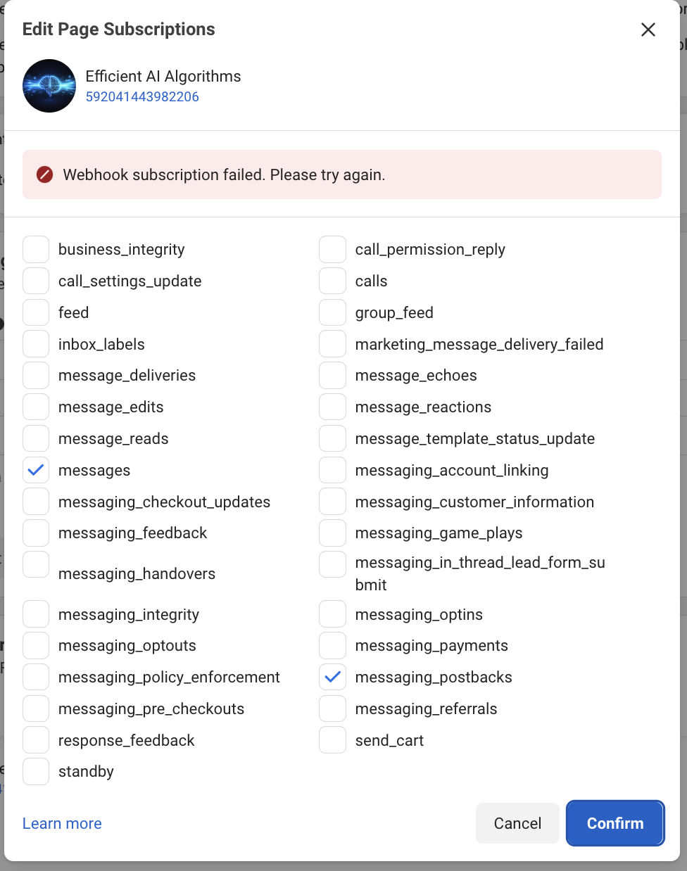 Red banner 'Webhook subscription failed. Please try again.'