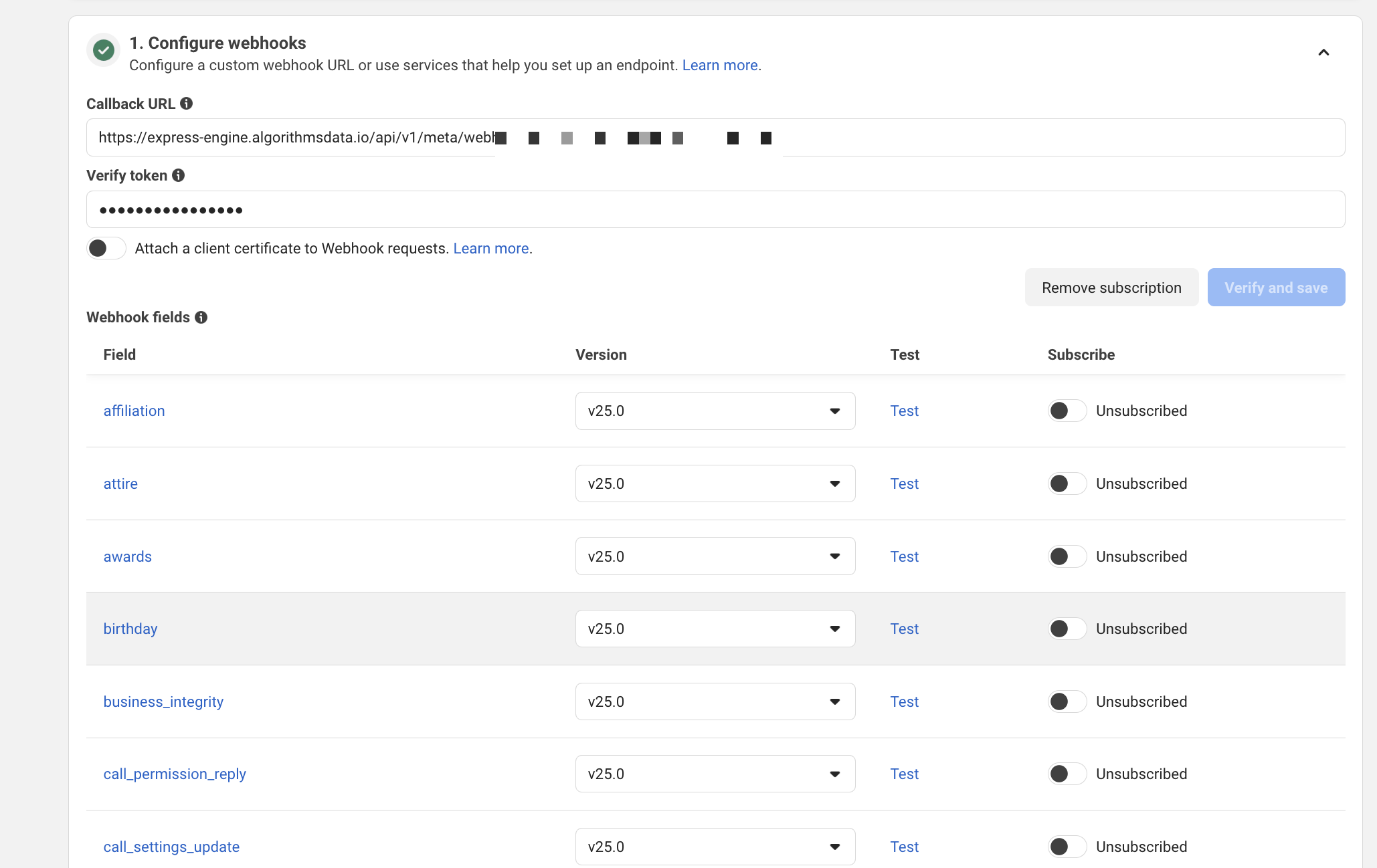 The '1. Configure webhooks' section with a green check and the Callback URL saved.