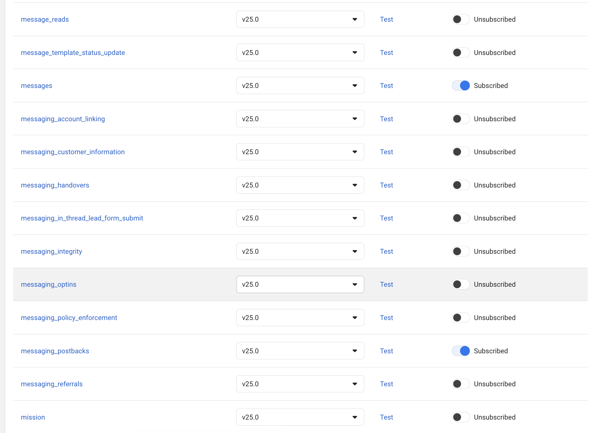 The webhook fields list with messages and messaging_postbacks at 'Subscribed'.