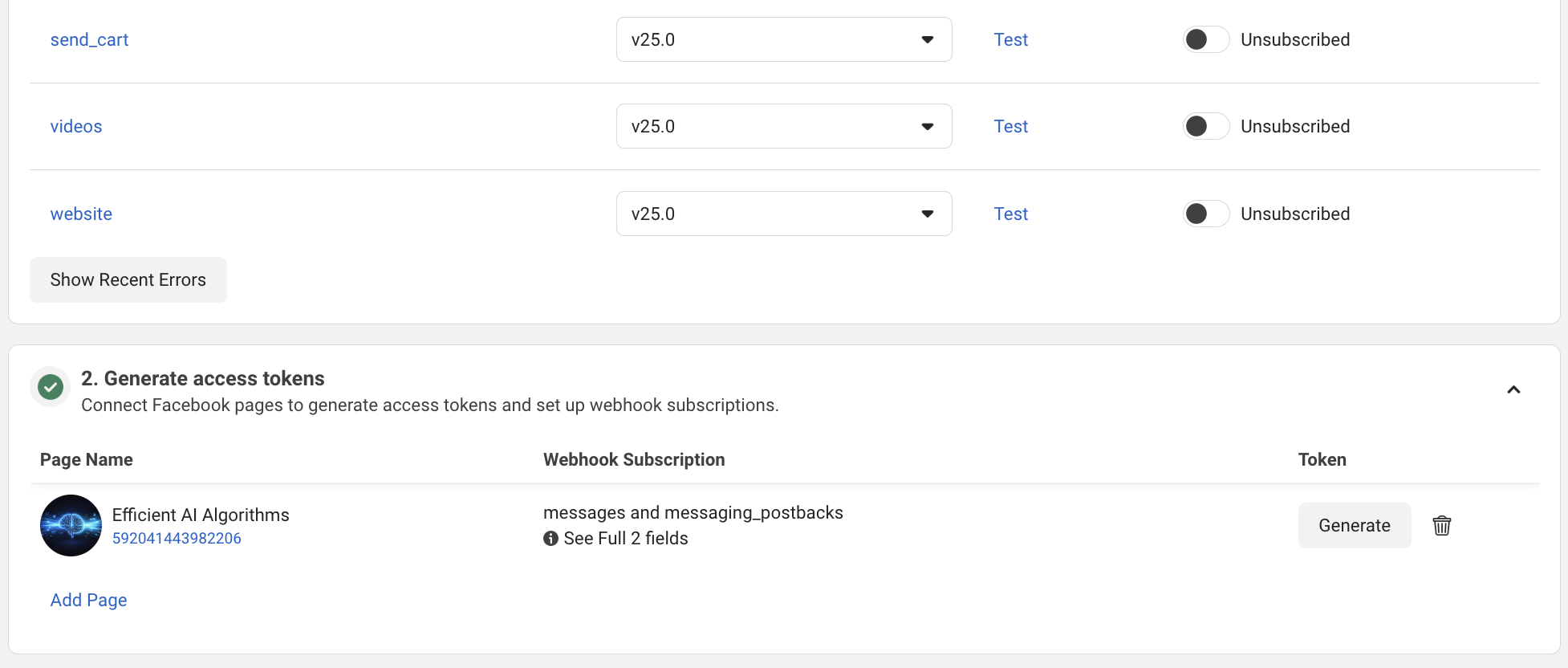 The page's row showing 'messages and messaging_postbacks' and 'Token generated'.