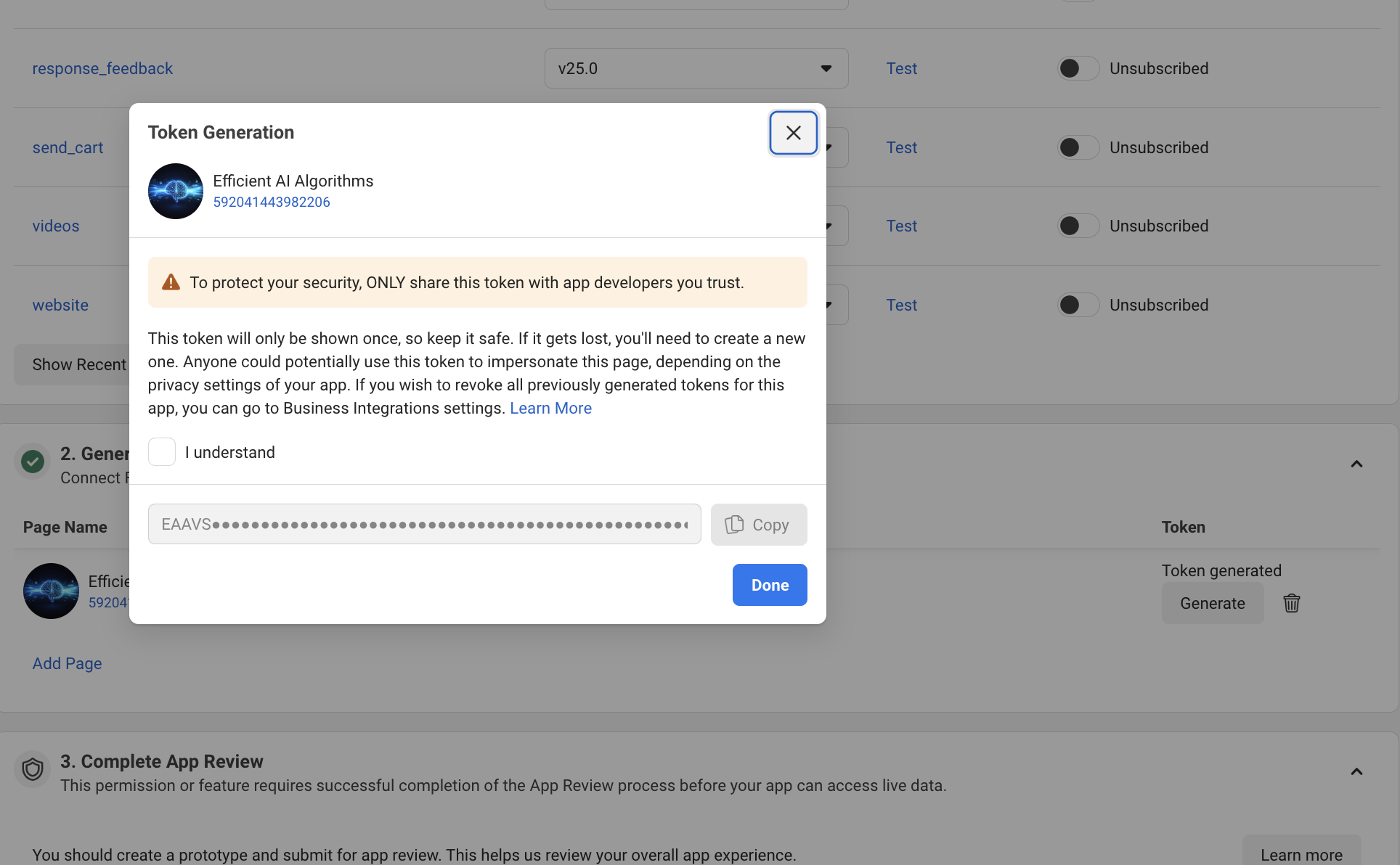 The 'Token Generation' modal with the masked token and the Copy button.