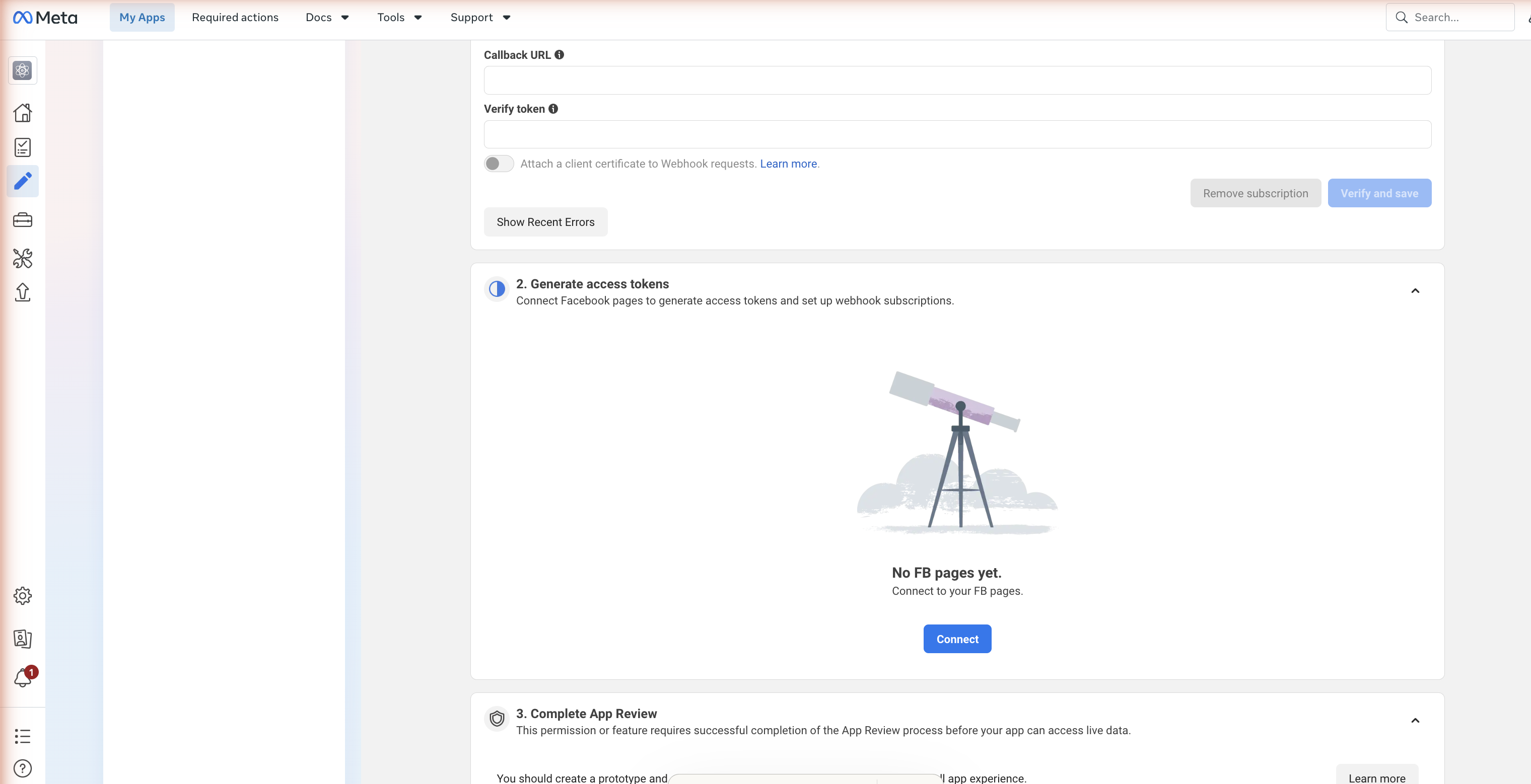 The '2. Generate access tokens' section showing 'No FB pages yet' with the Connect button.