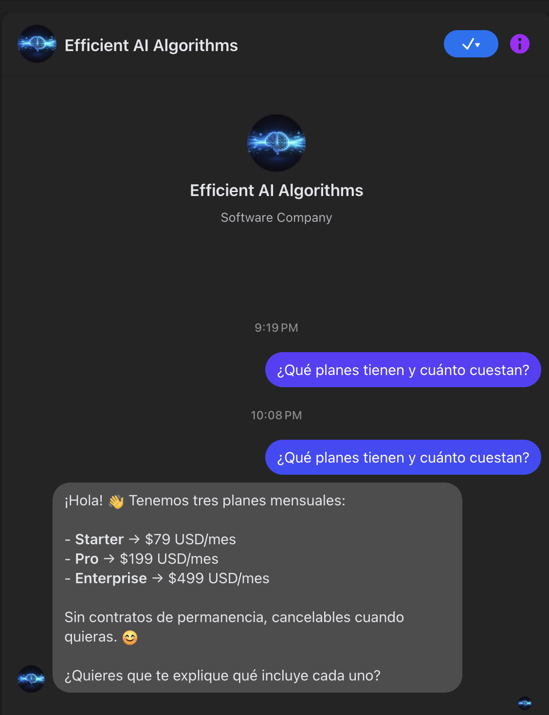 A real conversation: the bot replies with the catalog and prices.