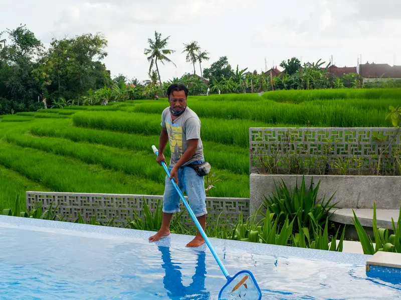 Pool technician skimming leaves with a net on a pole