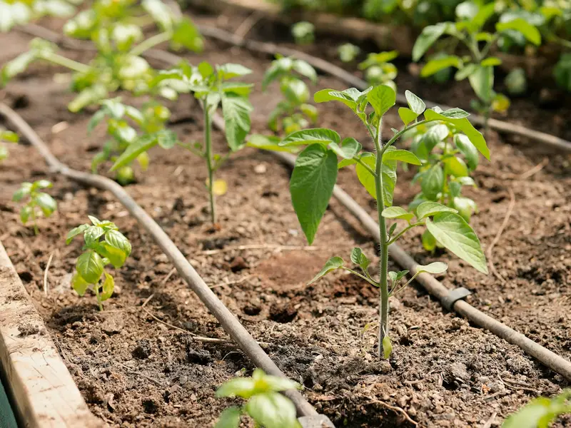 Drip irrigation lines running through a planted bed