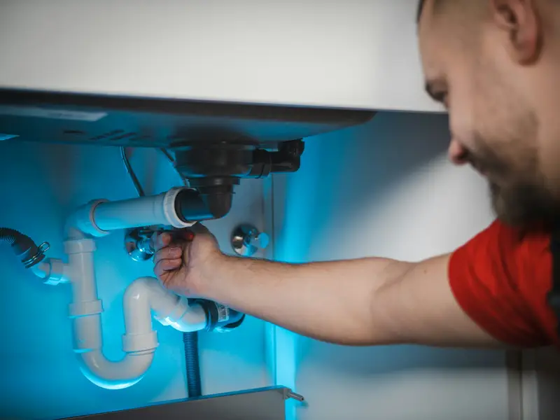 Plumber working on the drain trap under a sink