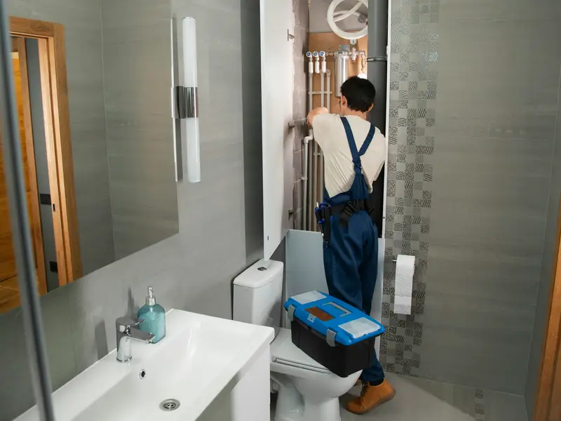 Plumber repairing the pipes behind a toilet